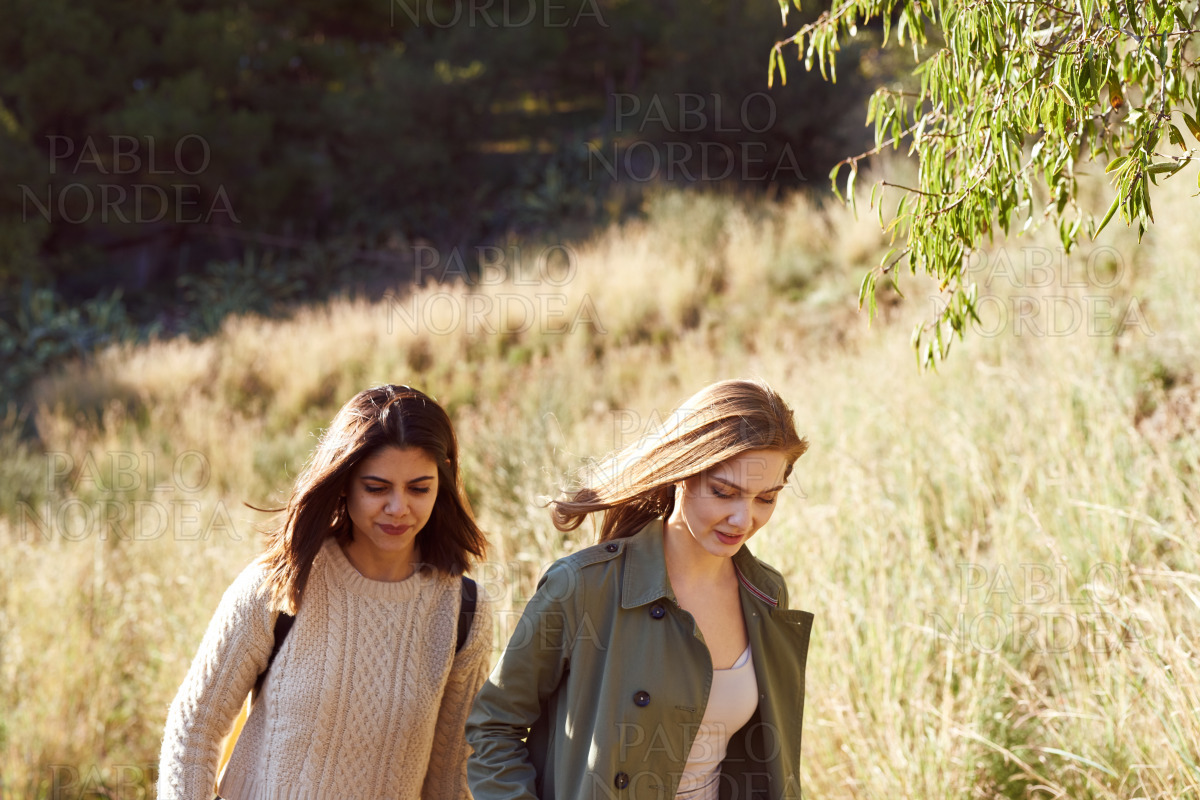 Two female friends walking together in the woods stock photo