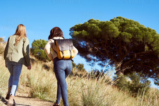 Rearview of two women walking up a hill outdoors