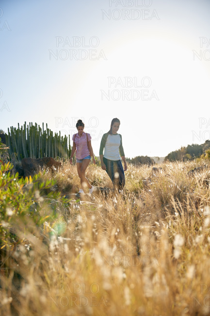 Girls walking down a grassy hill